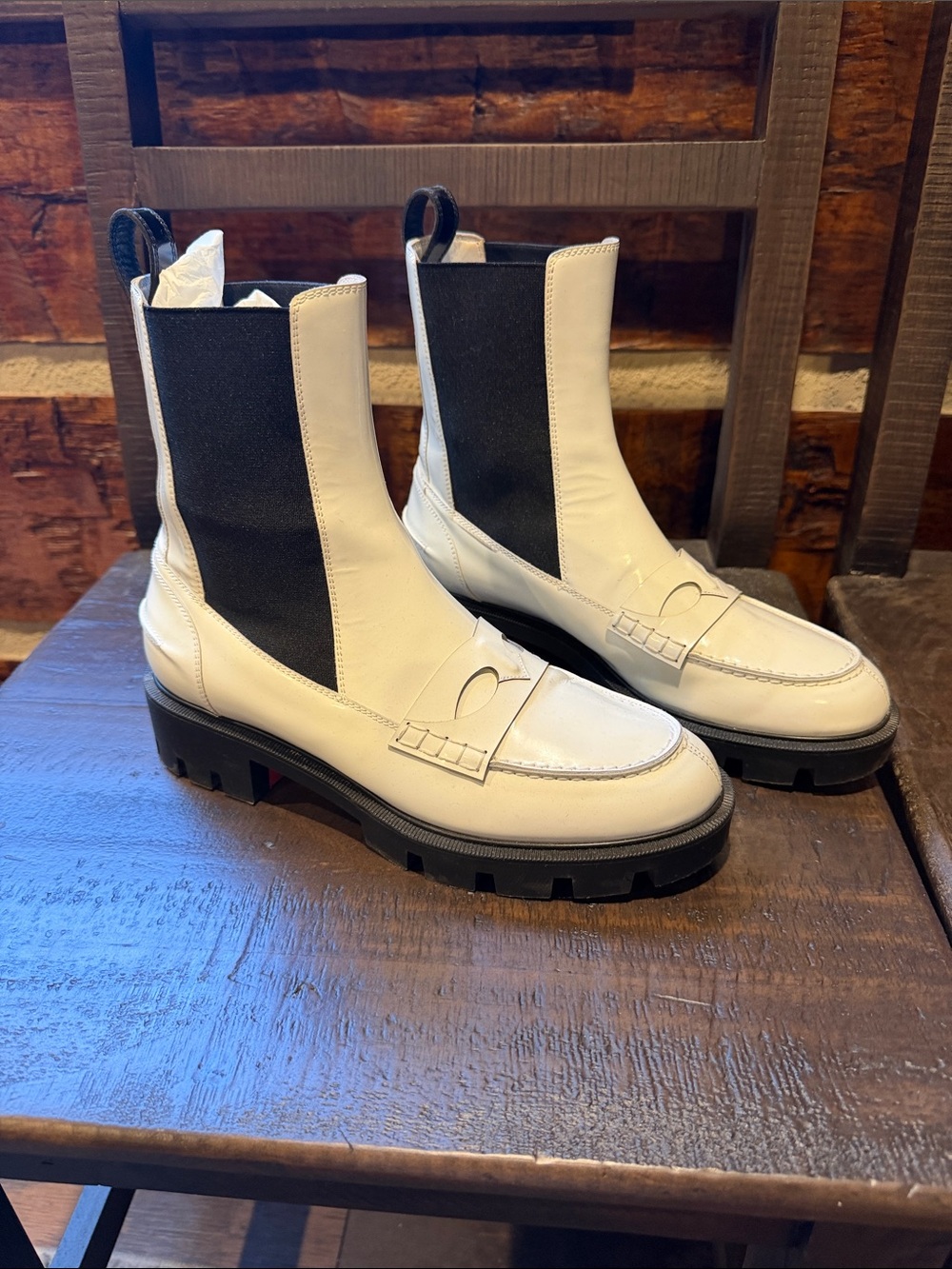 Christian Louboutin White Leather Chelsea Boots with Black Elastic